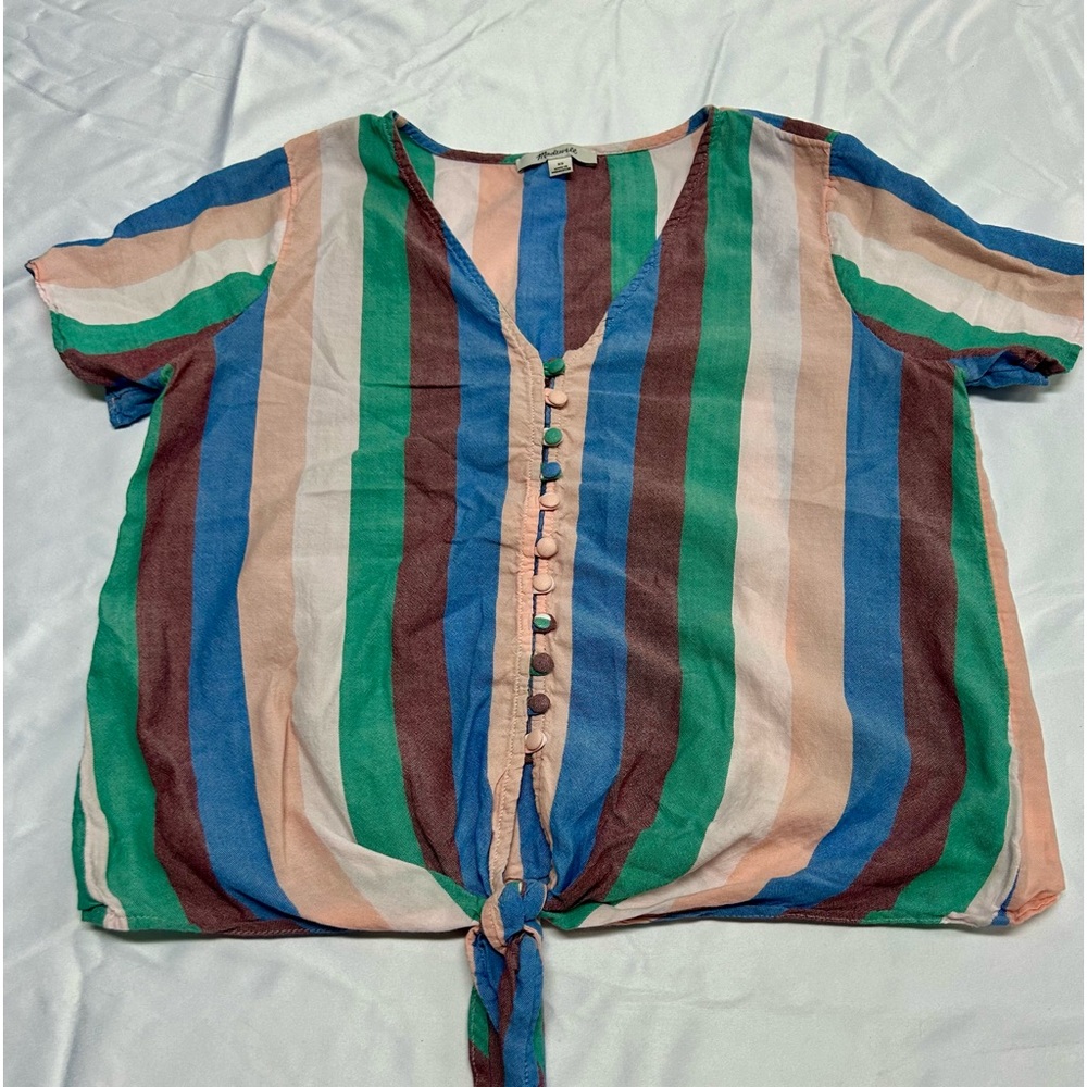 Madewell‎ Novel Tie-Front Button Top in Flagstaff Stripe XS